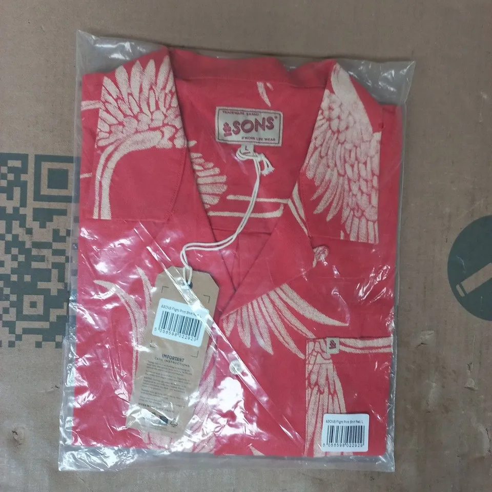BAGGED & SONS FLIGHT PRINT SHIRT IN RED SIZE LARGE