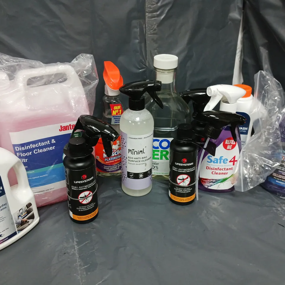 APPROXIMATELY 10 ASSORTED LIQUIDS TO INCLUDE VAX SPOT WASH (1L), LIFESYSTEMS ANTIMOSQUITO (350ml), JANTEX (5L), ETC - COLLECTION ONLY