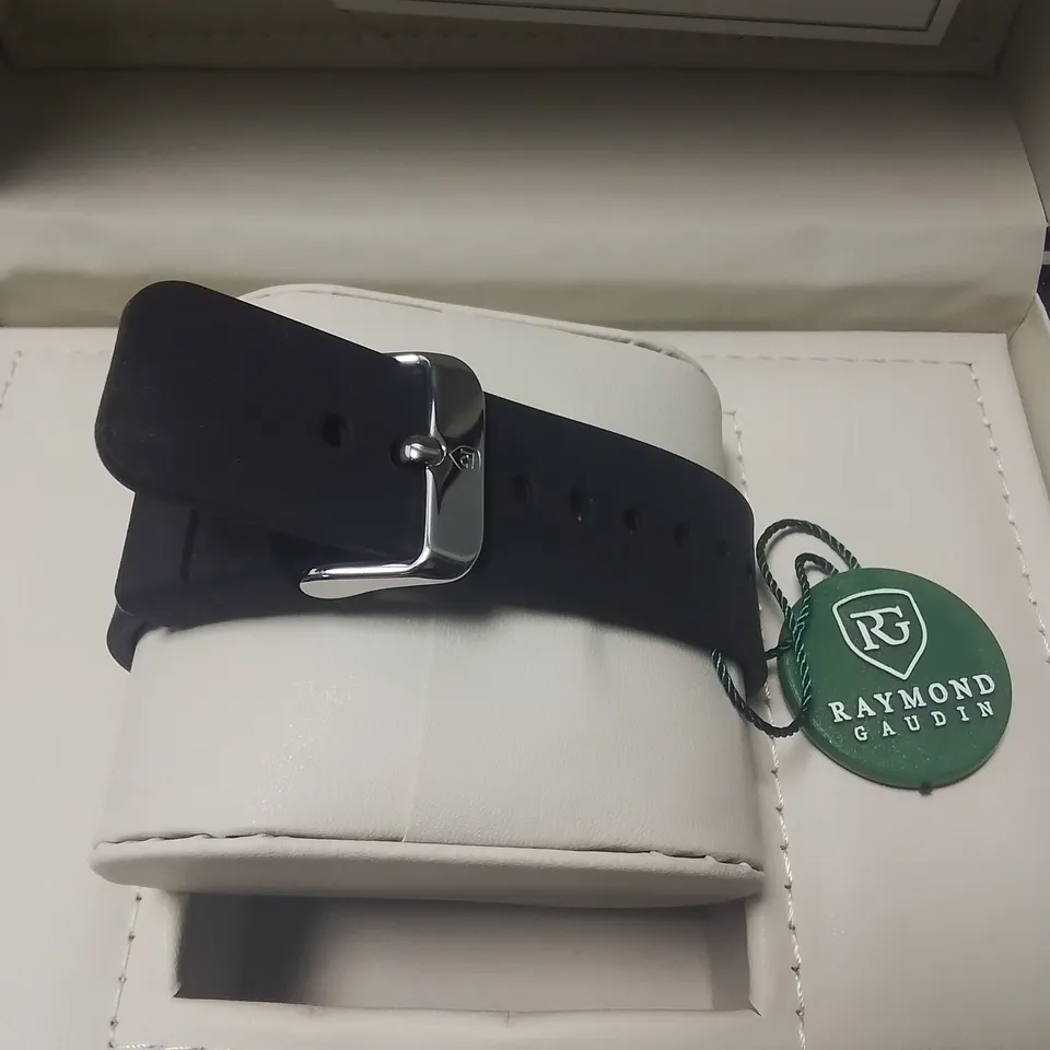 RAYMOND GAUFIN GENTS STAINLESS STEEL WATCH WITH JAPANESE MIYOTA MOVEMENT AND BLACK RUBBER STRAP IN WOODEN GIFT BOX