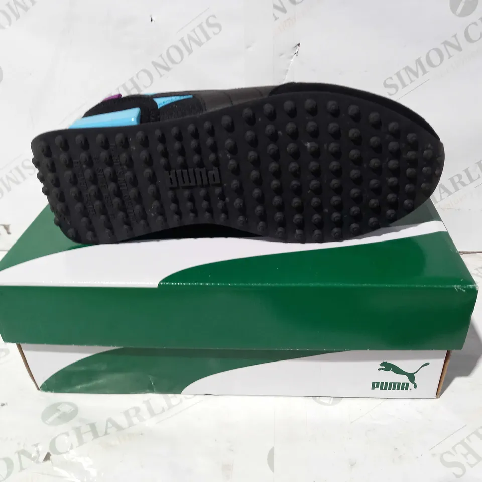 BOXED PAIR OF PUMA FUTURE RIDER SHOES IN BLACK/BLUE UK SIZE 6.5