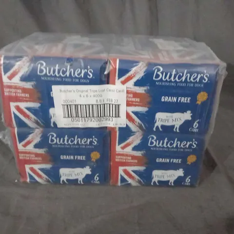 FOUR PACKS OF BUTCHER'S ORIGINAL TRIPE LOAF CANS 6 X 400G CANS PER PACK