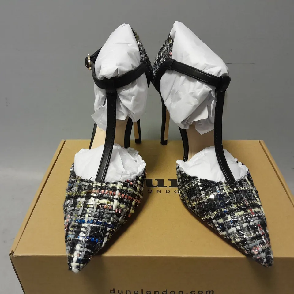 BOXED PAIR OF DUNE LONDON T-STRAP PUMPS CASTA - MULTI - SIZE 38