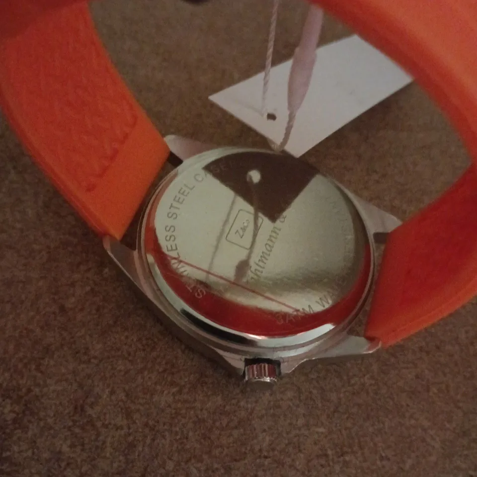 BOXED ZIHLMANN & CO STAINLESS STEEL WATCH WITH ORANGE DIAL & ORANGE RUBBER STRAP 