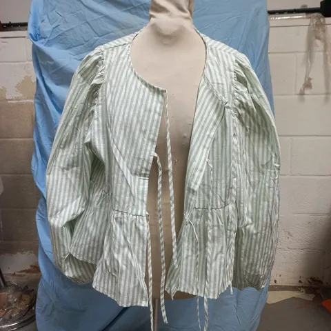 CIDER WOMEN'S STRIPED GREEN & WHITE OPEN-FRONT JACKET WITH TIE STRAPS SIZE MEDIUM