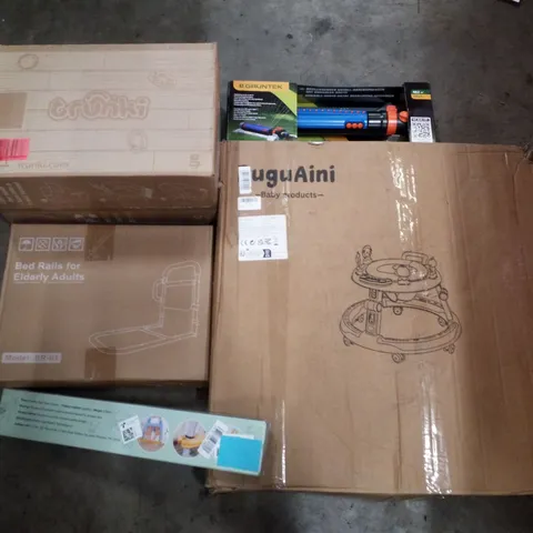 PALLET CONTAINING ASSORTED PRODUCTS INCLUDING TRUNKI KIDS SUITCASE, ELDERLY ADULT BED RAILS, HIGH CHAIR FOOTREST, BABY WALKER & SPRINKLER