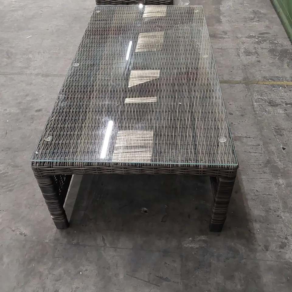 DESIGNER RATTAN COFFEE TABLE WITH GLASS'S TOP AND FOOTSTOOL