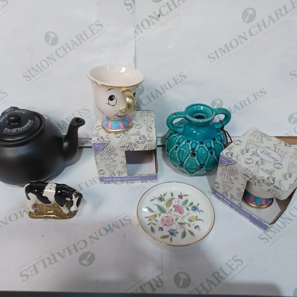 BOX TO CONTAIN AN ASSORTMENT OF CERAMICS, INCLUDES A TEA POT, CUPS, VASES ETC - COLLECTION ONLY
