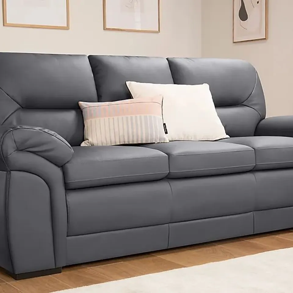 BOXED DESIGNER BROMLEY GREY FAUX LEATHER THREE SEATER SOFA 