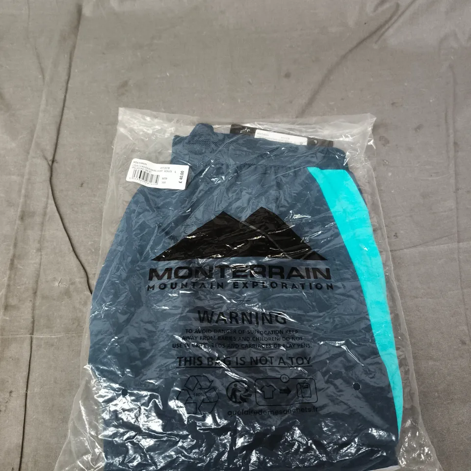 MONTERRAIN LYDER 3.0 WOVEN RUNNING SHORTS – NAVY WITH TURQUOISE STRIPE, SIZE L