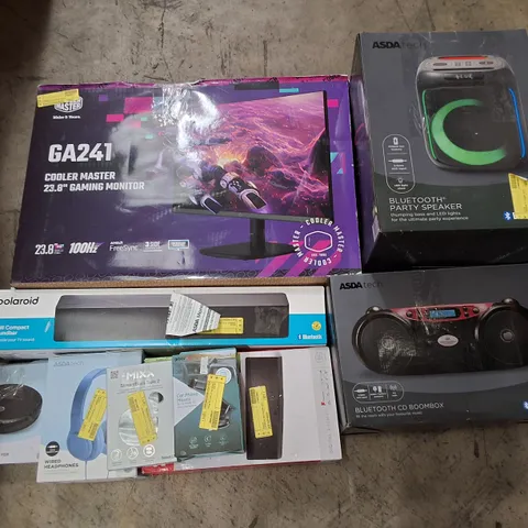 PALLET CONTAINING ASSORTED ELECTRICAL RETURNS INCLUDING 23.8" GAMING MONITOR, BLUETOOTH PARTY SPEAKER, 25W COMPACT SOUNDBAR, HEADPHONES, AERIAL & CAR PHONE MOUNT