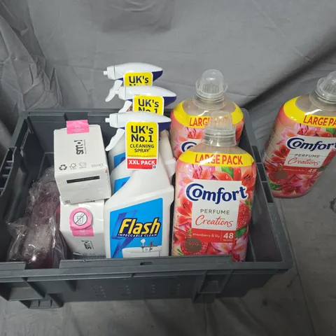 APPROXIMATELY 10 CLEANING PRODUCTS BUNDLE: COMFORT PERFUME CREATIONS FABRIC CONDITIONER (STRAWBERRY & LILY) 48 WASHES X 3 + FLASH SPRAY