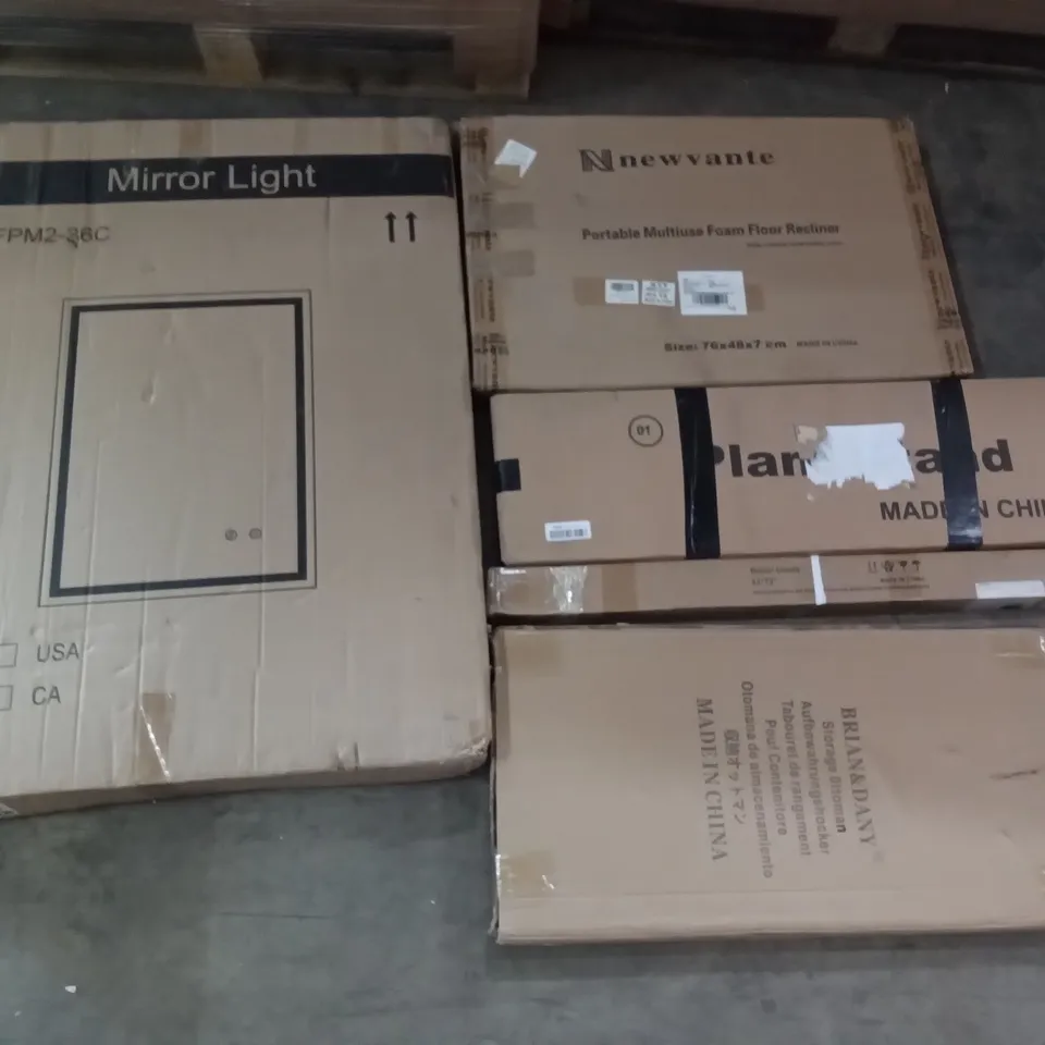 PALLET OF ASSORTED ITEMS INCLUDING MIRROR LIGHT, BRIAN&DANY STORAGE OTTOMAN, ROLLER BLINDS, NEWVANTE PORTABLE MULTIUSE FOAM FLOOR RECLINER, FIREPLACE STOOL SET, COISIEN GRILL GRATE  