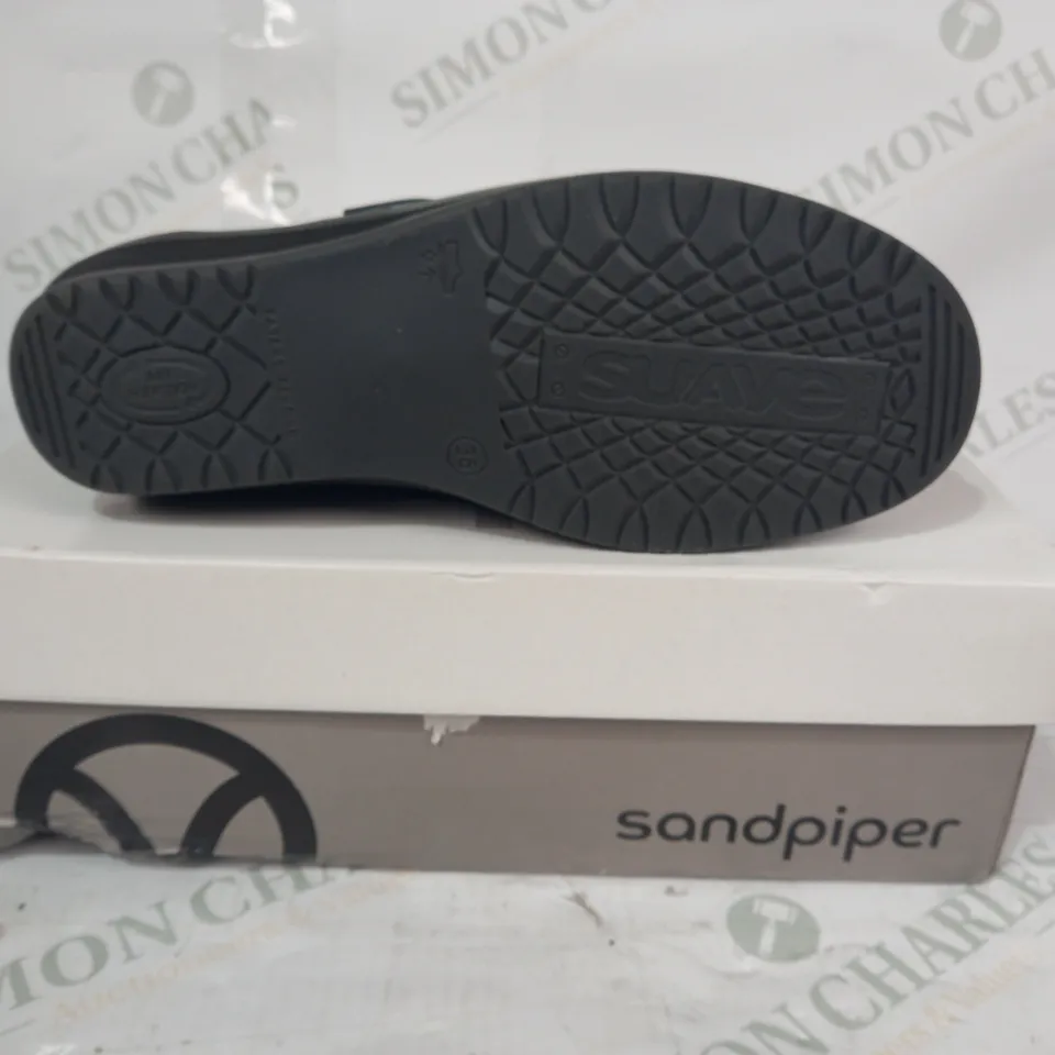 BOXED PAIR OF SANDPIPER SHOES IN CHARCOAL COLOUR EU SIZE 36