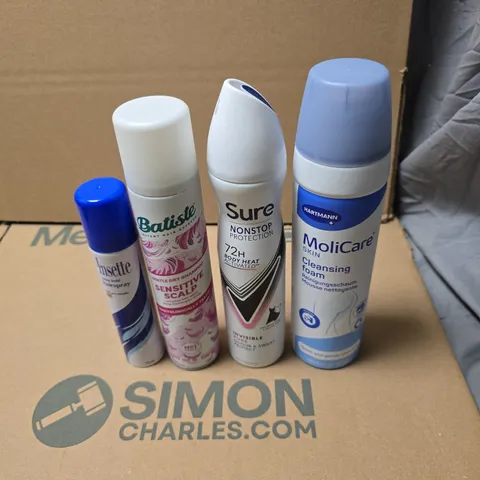 TOTE OF APPROXIMATELY 15 ASSORTED AEROSOL PRODUCTS TO INCLUDE MOLICARE SKIN CLEANSING FOAM, SURE INVISIBLE, BATISTE SENSITIVE SCALP SHAMPOO, INSETTE HAIR SPRAY ETC