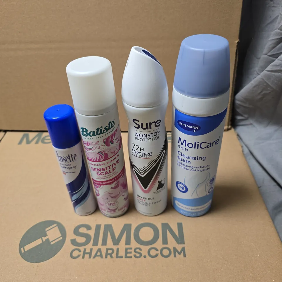 TOTE OF APPROXIMATELY 15 ASSORTED AEROSOL PRODUCTS TO INCLUDE MOLICARE SKIN CLEANSING FOAM, SURE INVISIBLE, BATISTE SENSITIVE SCALP SHAMPOO, INSETTE HAIR SPRAY ETC