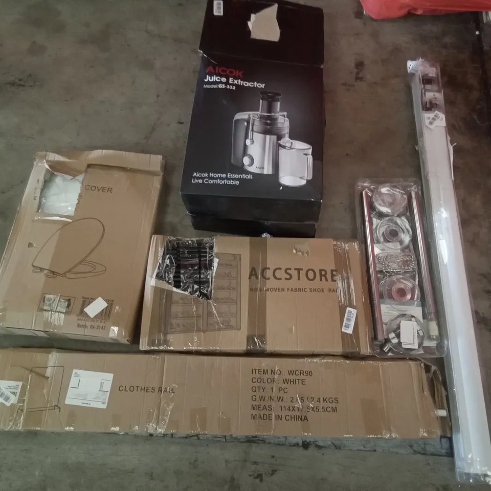 PALLET OF ASSORTED ITEMS INCLUDING CLOTHES RAIL, ACCSTORE NON-WOVEN FABRIC SHOE RACK, SHOWER CURTAIN RAIL, TOILET SEAT, AICOK JUICE EXTRACTOR, TANZUOER ROLLER BLIND 