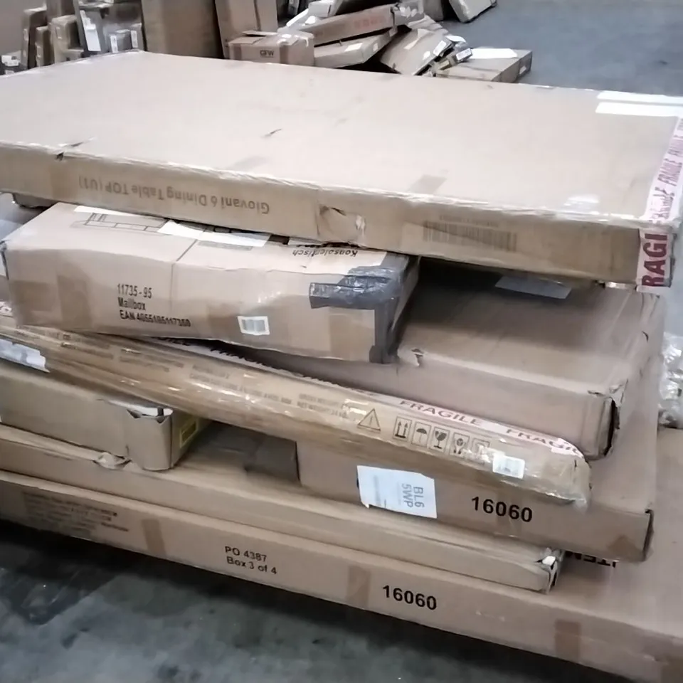 PALLET OF ASSORTED FLATPACK FURNITURE PARTS INCLUDING DINING TABLES, SIDEBOARD AND WARDROBE 