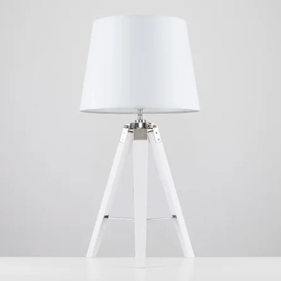 BOXED HAWARTH WOOD TRIPOD TABLE LAMP - WHITE (1 BOX)