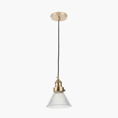 BOXED LENOX CONICAL RIBBED GLASS WITH ANTIQUE BRASS FITTING ELEC PENDANT