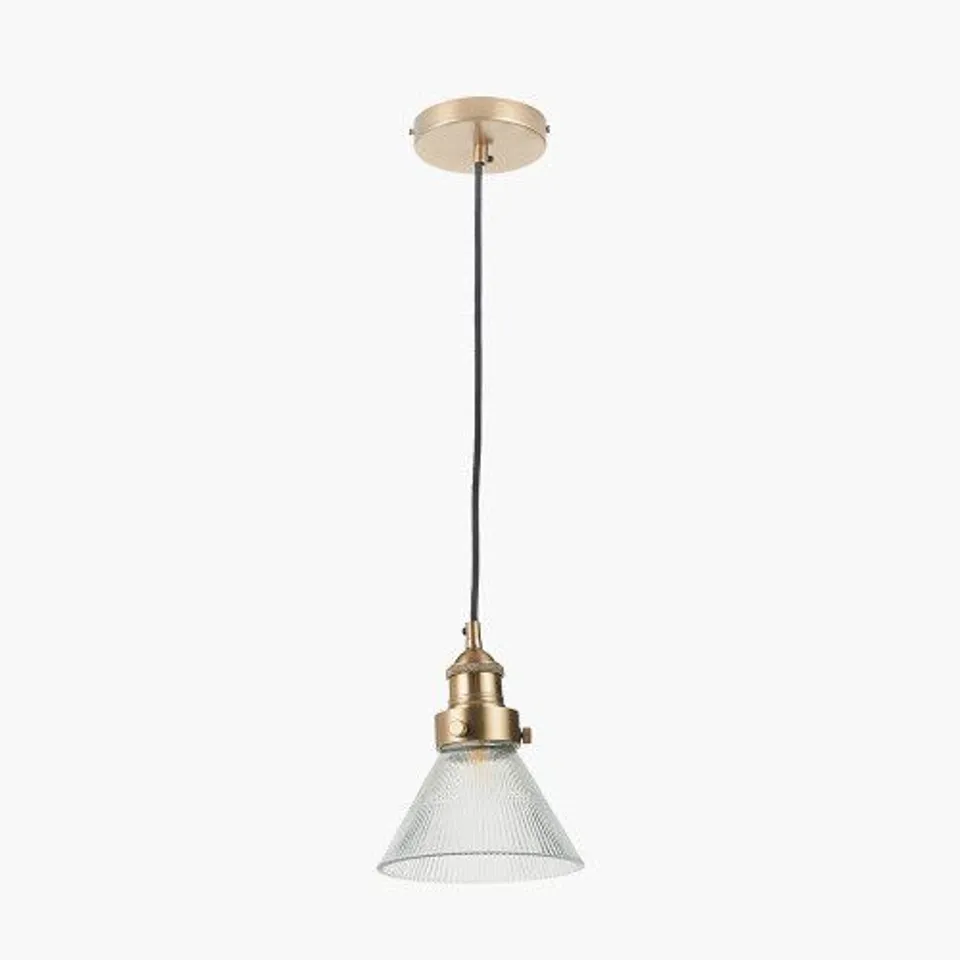 BOXED LENOX CONICAL RIBBED GLASS WITH ANTIQUE BRASS FITTING ELEC PENDANT