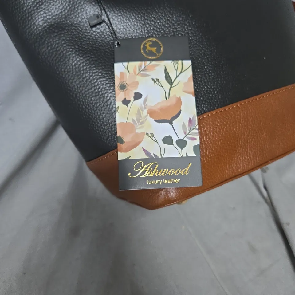 ASHWOOD LUXURY LEATHER HANDBAG – BLACK WITH TAN TRIM