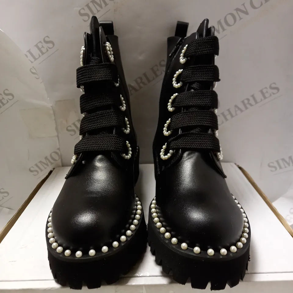 DUNE LONDON BLACK PURLA BIKER BOOTS - SIZE 5