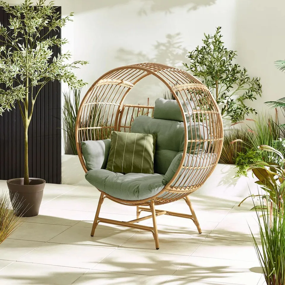 BOXED BOCA BEIGE RATTAN & GREEN COCOON GARDEN EGG CHAIR