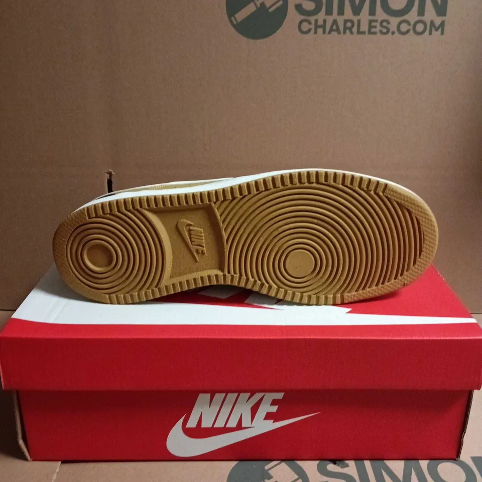 NIKE TRAINERS – TAN NUBUCK WITH WHITE SWOOSH SIZE 8