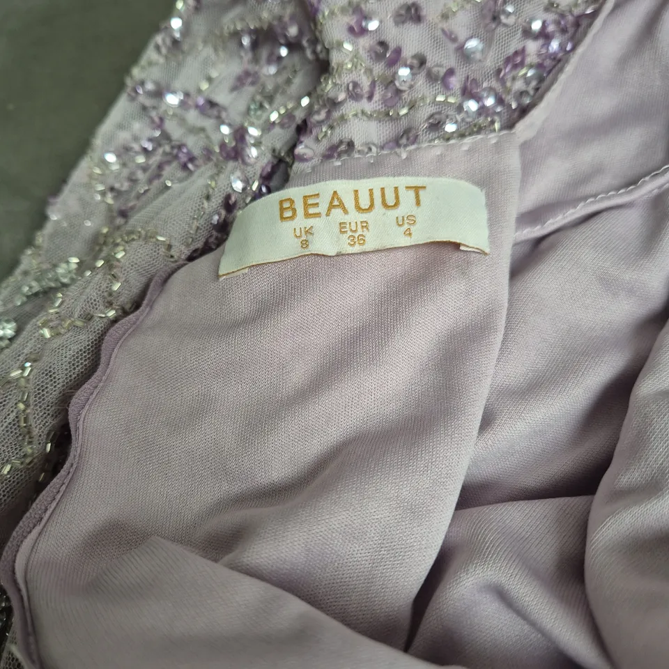 LAVENDER BEADED LONG-SLEEVE EVENING GOWN, UK 8 (EU 36)