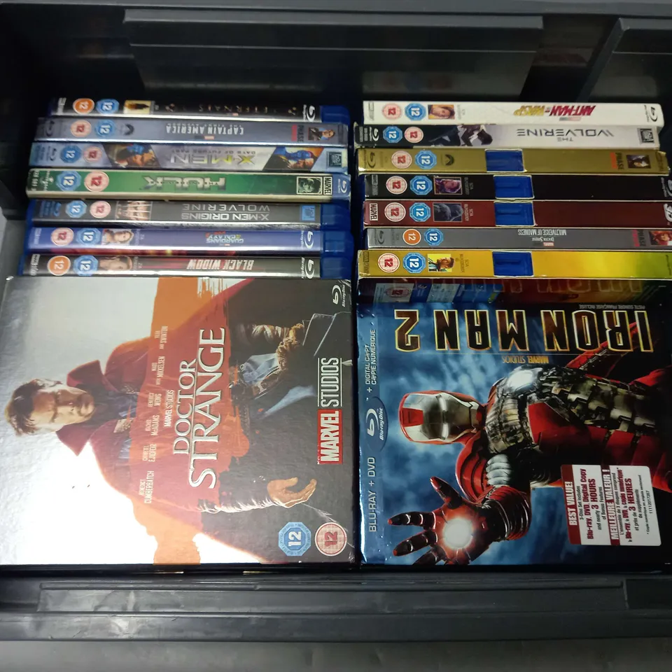 APPROXIMATELY 30 ASSORTED DVDS TO INCLUDE MARVEL IRON MAN 4 DVD SET COMPETE ANIMATED SERIES, THOR THE DARK WORLD (BLU-RAY 3D), X-MEN THE ULTIMATE COLLECTION (BLU-RAY), ETC