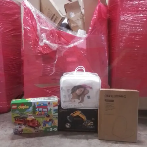 PALLET OF ASSORTED HOUSEHOLD GOODS AND FURNITURE TO INCLUDE;LEGO DUPLICATE TRAIN SET, TOP RACE METAL SHOVEL, STOREMIC TOILET SEAT ETC 