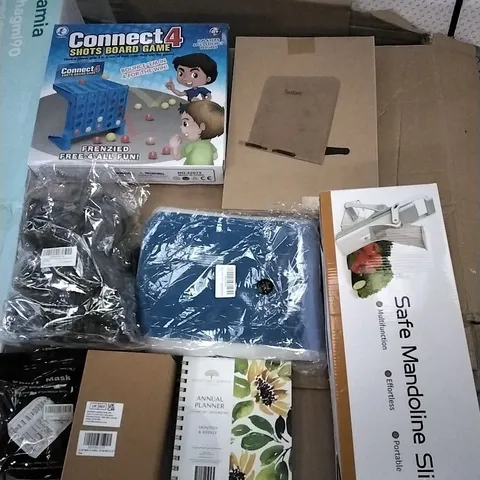 PALLET OF ASSORTED ITEMS INCLUDING SAFE MANDOLINE SLICER, ANNUAL PLANNER, CONNECT 4 SHOTS GAME, BAMBOO BOOK STAND, INSECT NETTING, CAR DOOR HANDLE