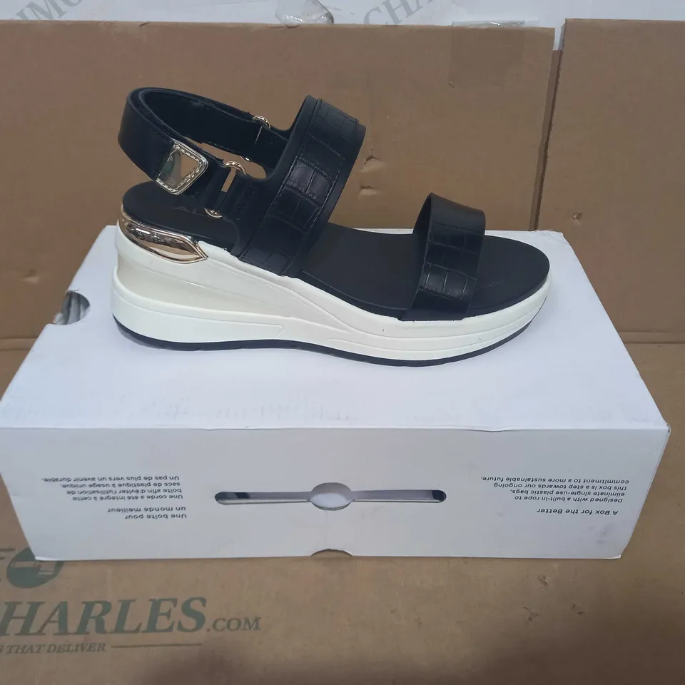BOXED PAIR OF ALDO WEDGE SANDALS IN BLACK UK SIZE 3