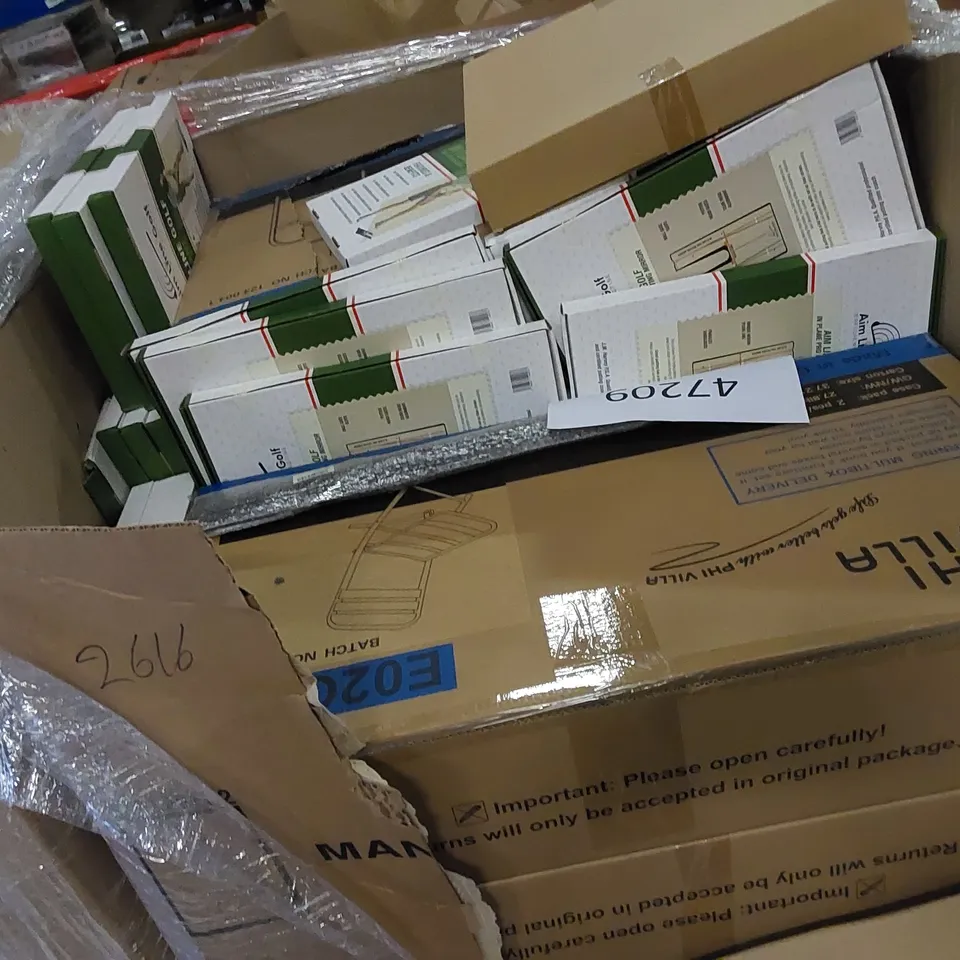 PALLET TO CONTAIN ASSORTED HOUSEHOLD ITEMS AND CONSUMER PRODUCTS. INCLUDING A LARGE NUMBER OF CHAIRS AND GOLF PRO PUTTING MIRRORS ETC