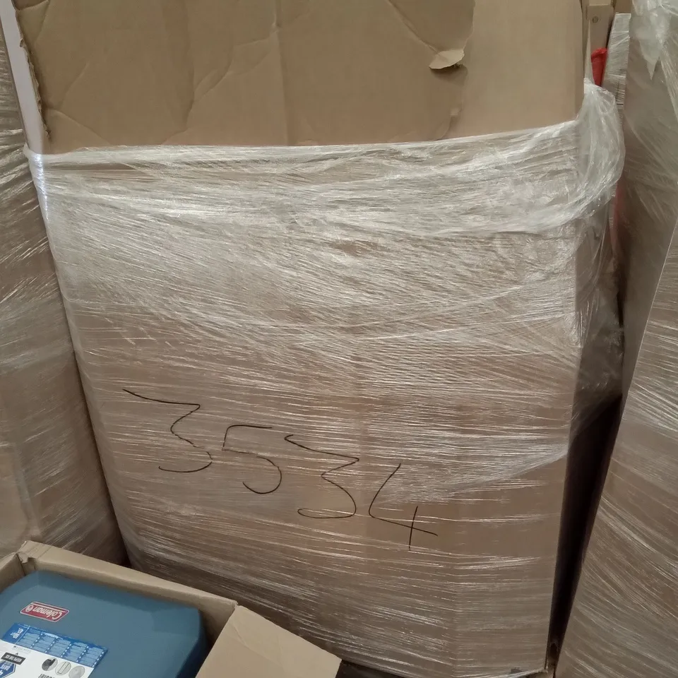 PALLET OF ASSORTED ITEMS INCLUDING SONGMICS BAMBOO SHELF, HI GEAR PICNIC TABLE, COLEMAN XTREME COOLER, CANON PIXMA PRO