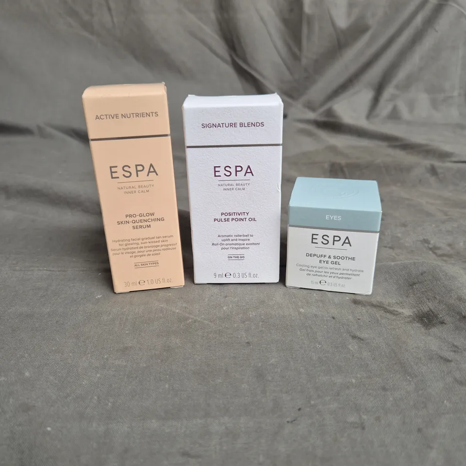 LOT OF 3 ESPA SKINCARE PRODUCTS TO INCLUDE SERUM 30ML, PULSE POINT OIL 9ML AND EYE GEL 15ML