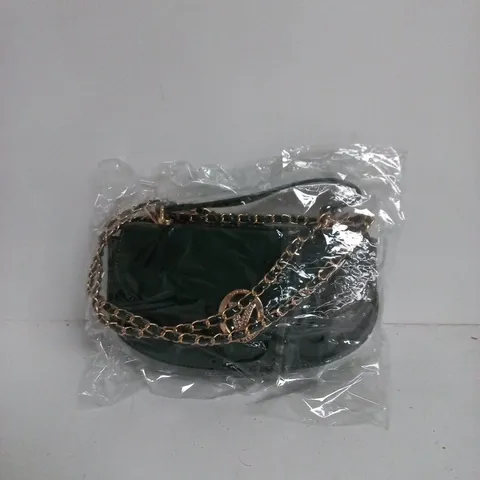 VALENTINO ORLANDI HANDBAG WITH GOLD CHAIN AND RHINESTONE V CHARM – BLACK/GREEN TONE