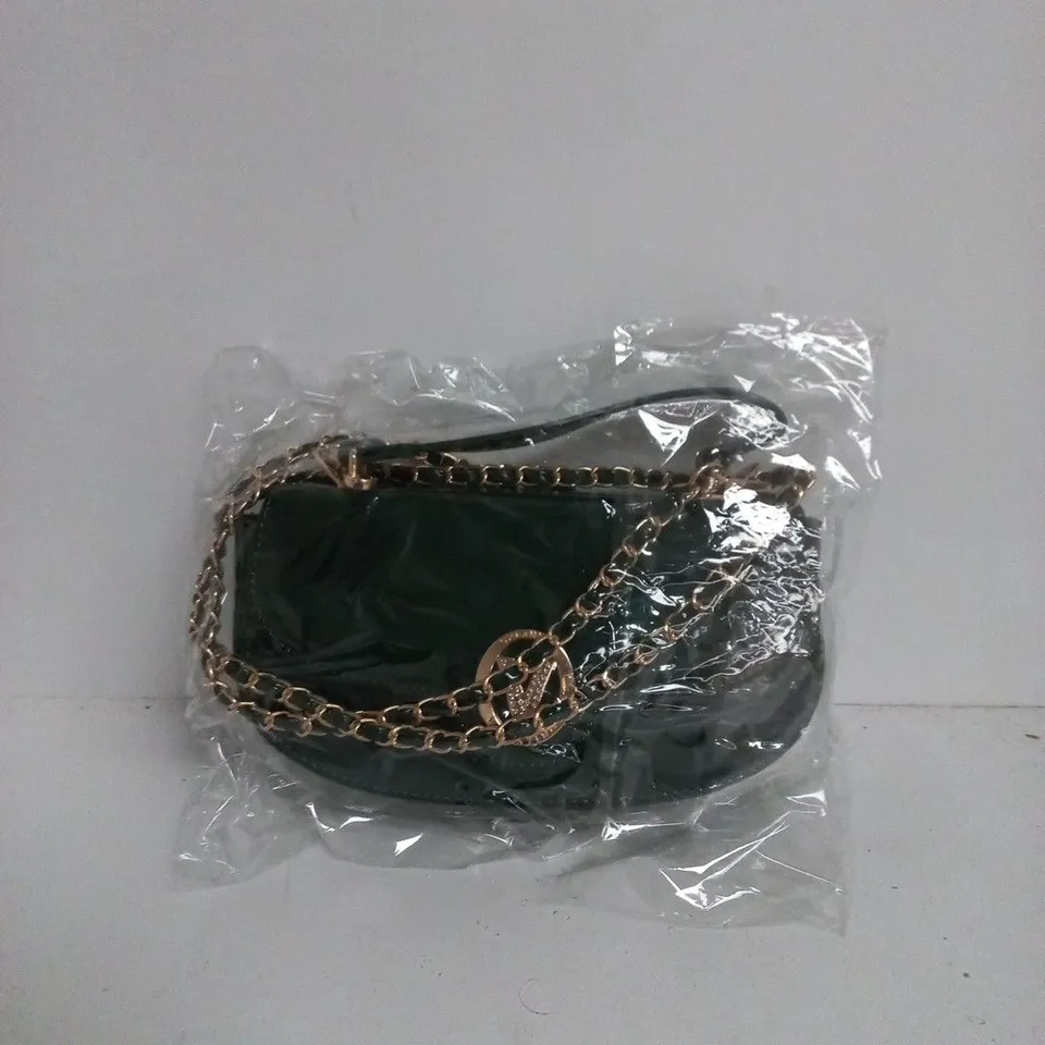 VALENTINO ORLANDI HANDBAG WITH GOLD CHAIN AND RHINESTONE V CHARM – BLACK/GREEN TONE