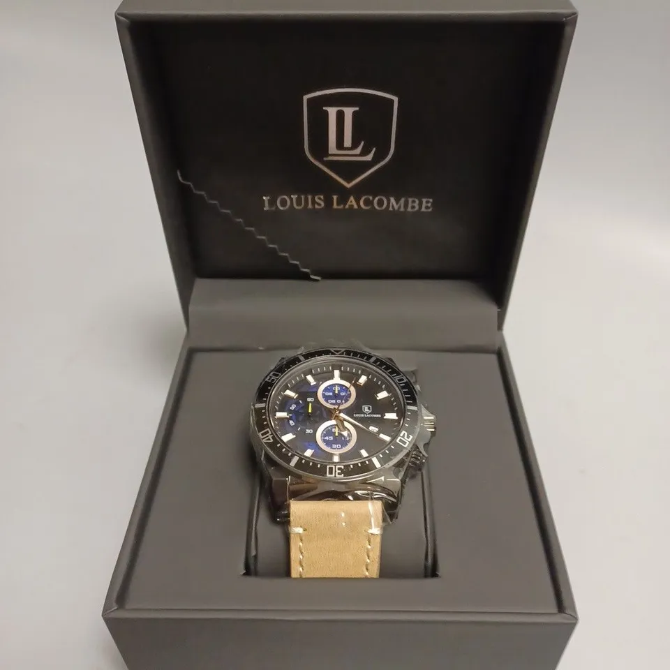 MENS LOUIS LACOMBE CHRONGRAPH WATCH – 3 SUB DIALS – BLACK CASE – LEATHER STRAP