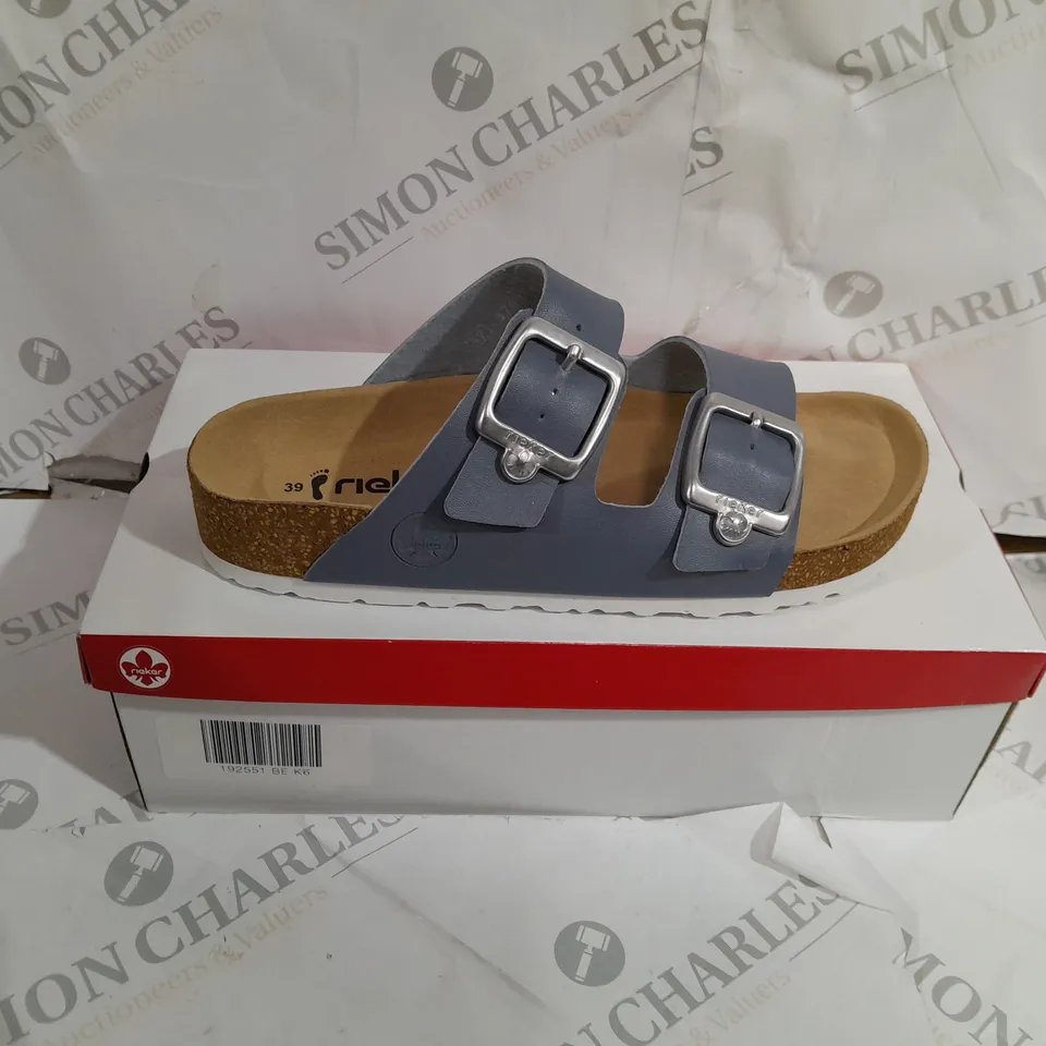 BOXED PAIR OF RIEKER OPEN TOE LOW WEDGE SANDALS IN BLUE UK SIZE 6