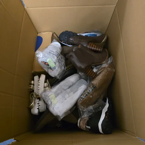 BOX OF APPROXIMATELY 20 PAIRS OF SHOES IN VARIOUS STYLES , COLOURS AND SIZES 