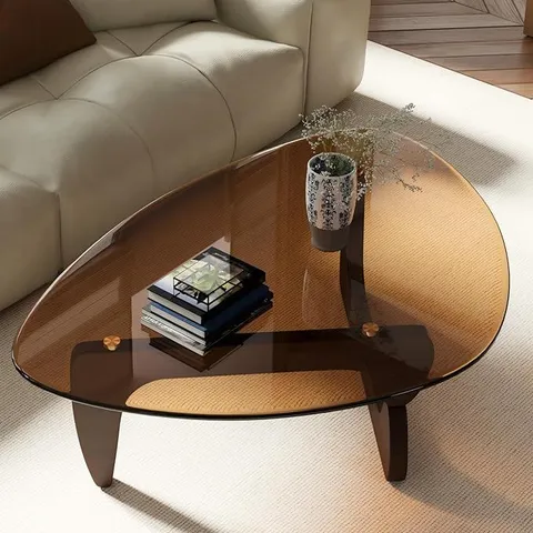 BOXED ARTLOGE TRIANGLE GLASS COFFEE TABLE, MODERN WALNUT WOOD BASE 43.5x30.1x16.5 INCH - BROWN (1 BOX)