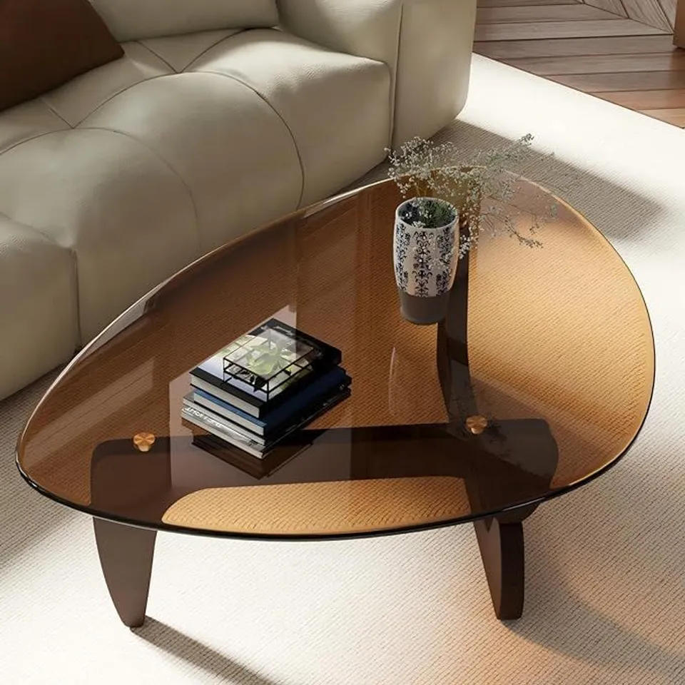 BOXED ARTLOGE TRIANGLE GLASS COFFEE TABLE, MODERN WALNUT WOOD BASE 43.5x30.1x16.5 INCH - BROWN (1 BOX)