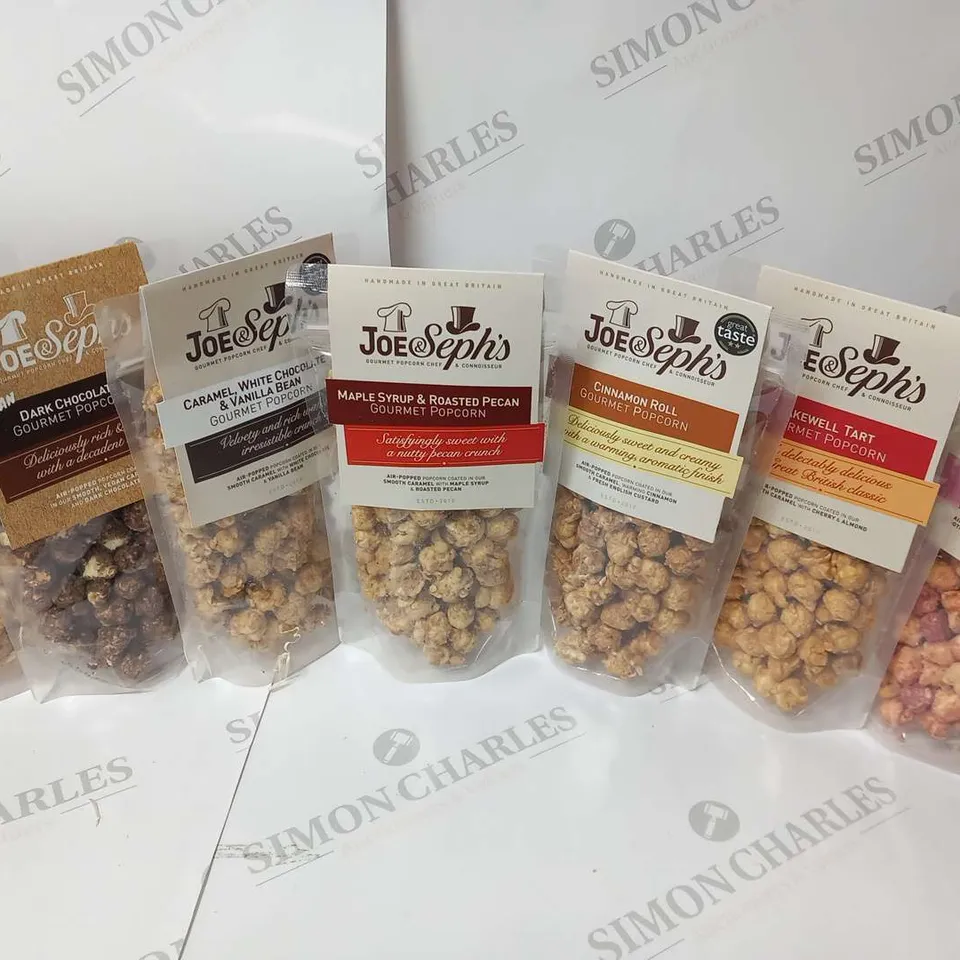 SEVEN BAGS OF JOSEPH'S GOURMET POPCORN TO INCLUDE; 'CARAMEL, WHITE CHOCOLATE AND RASPBERRY', 'BAKEWELL TART', 'CINNAMON ROLL', 'MAPLE SYRUP AND ROASTED PECAN', 'CARAMEL, WHITE CHOCOLATE AND VANILLA BE