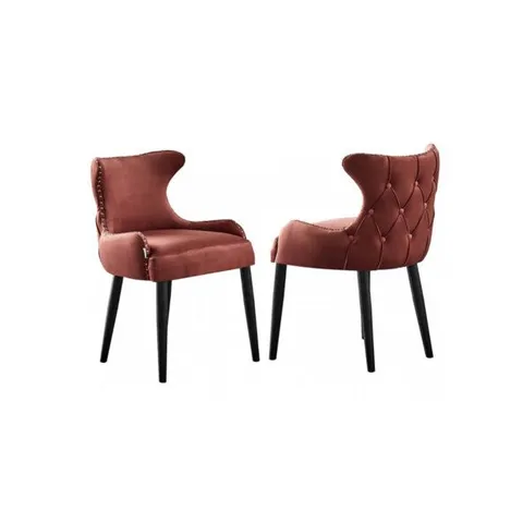 BOXED SET OF 4 RICKY MODERN VELVET DINING CHAIRS - ERGONOMIC UPHOLSTERED CURVED BACK WITH SOLID WOODEN LEGS - PINK (2 BOXES)