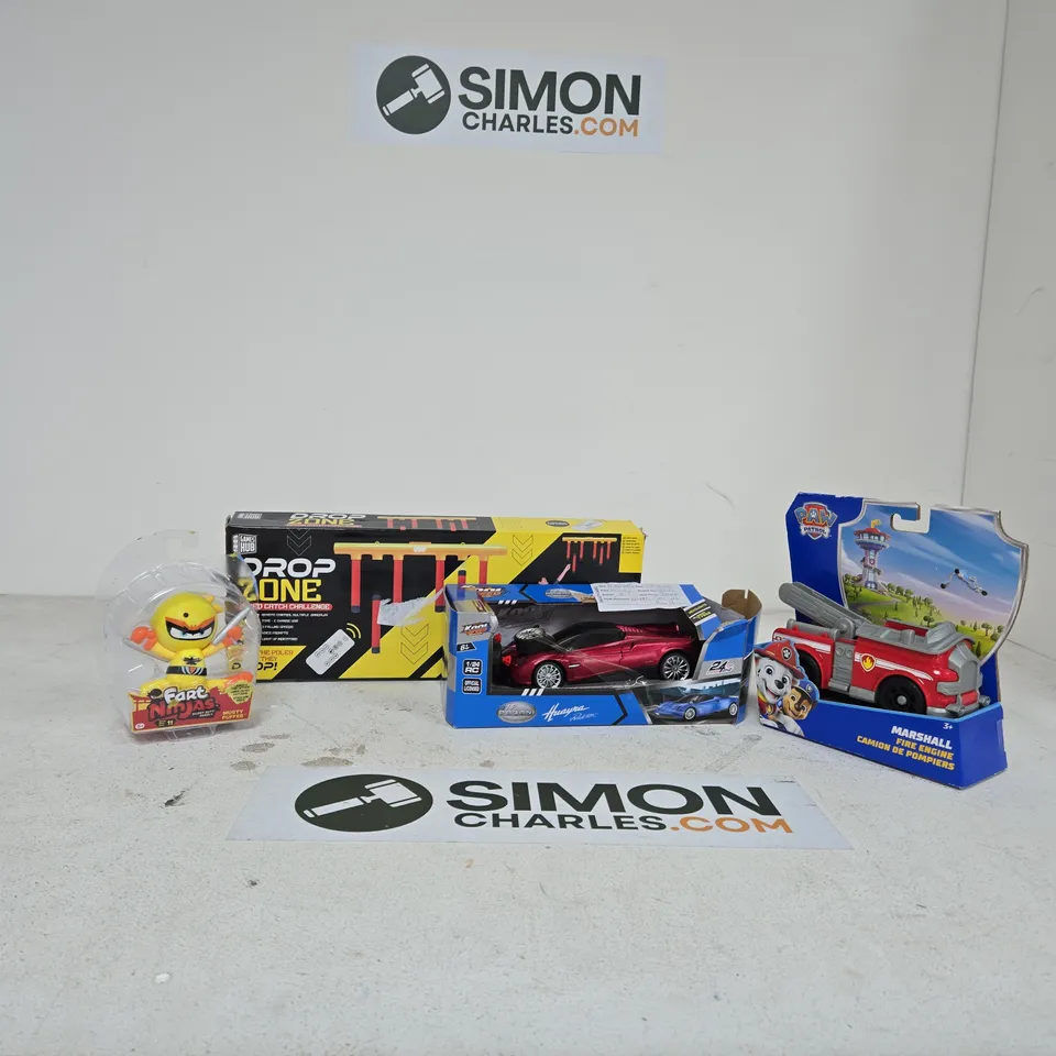BOX OF APPROXIMATELY 10 ASSORTED TOYS INCLUDING FART NIJA, PAW PATROL MARSHALL FIRE ENGINE AND KOOL SPEED PAGANI