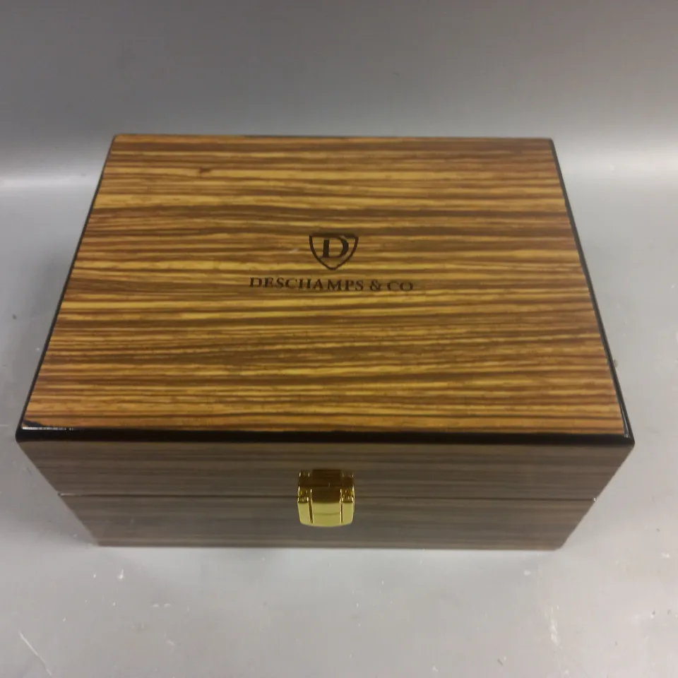 DESCHAMPS & CO STAINLESS STEEL SKELETON DIAL GENTS WATCH WITH AUTOMATIC MOVEMENT AND RUBBER STRAP IN WOODEN GIFT BOX