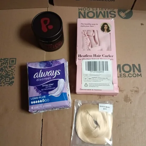 APPROXIMATELY 15 OR SO ASSORTED ITEM TO INCLUDE  HEATLESS HAIR CURLER KIT, SANITARY PADS, REUSABLE PERIOD DISCS, ASSORTMENT OF HAIR EXTENSIONS & WIGS 