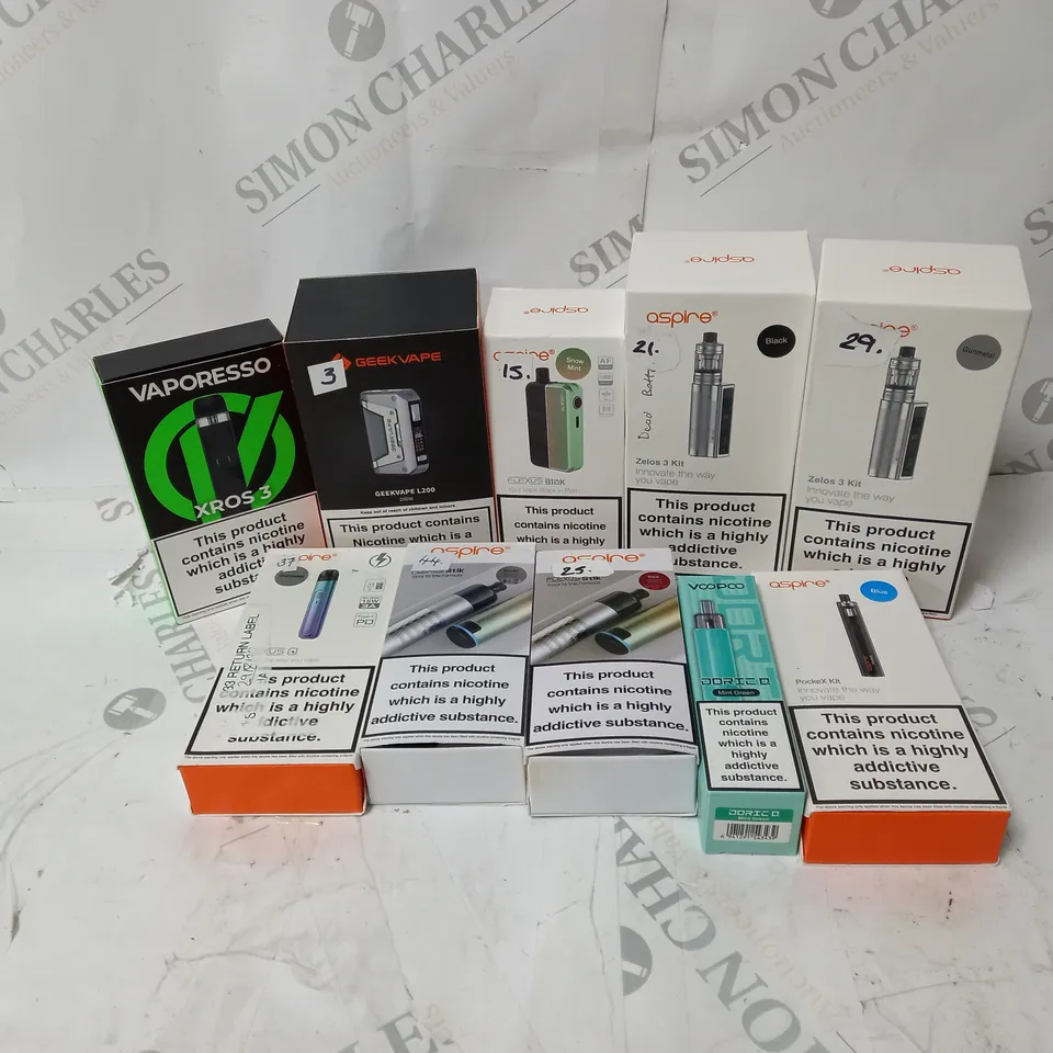 BOX OF APPROXIMATELY 10 ASSORTED E-CIG PRODUCTS TO INCLUDE ASPIRE, GEEKVAPE, VAPORESSO 