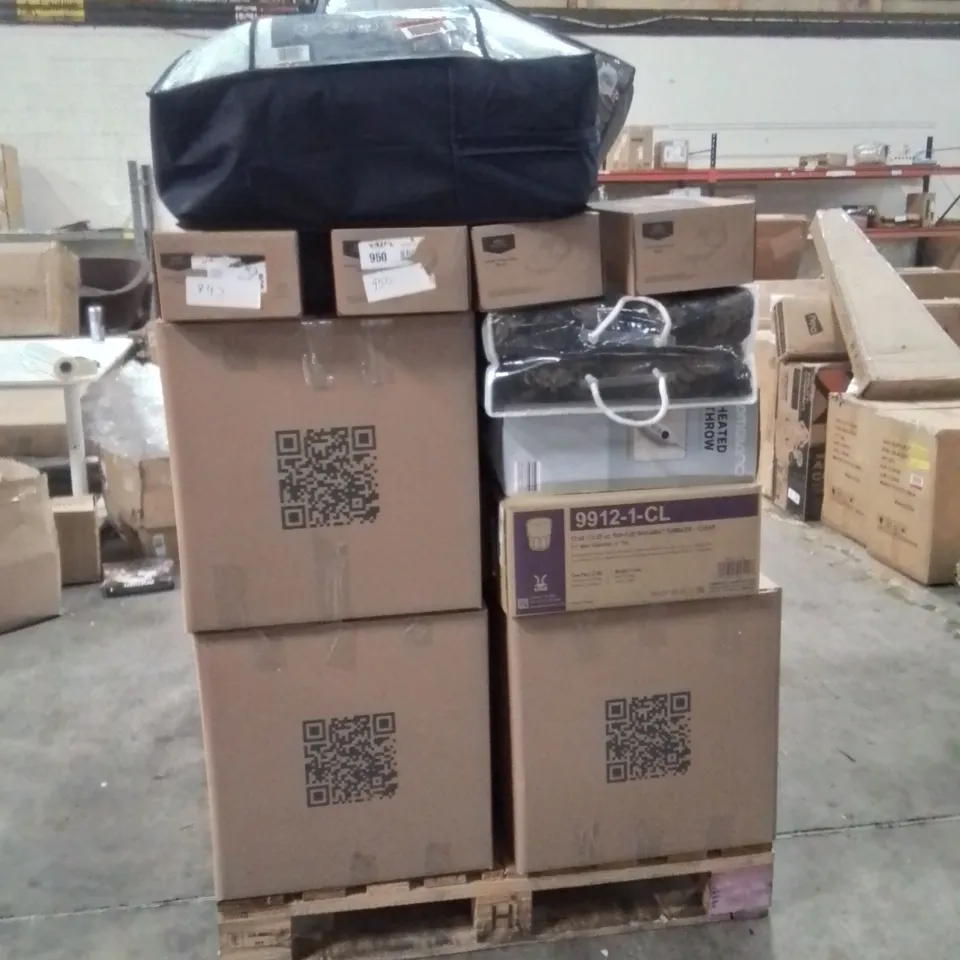 PALLET OF ASSORTED HOUSEHOLD GOODS AND PRODUCTS TO INCLUDE;PLATES,LADY SHAVER,COATS,CLOTHES,MATTRESS TOPPER,CHANDELIER,CARPET CLEANER,KETTLE 